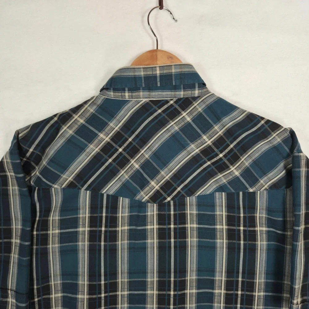 Ely Cattleman Mens XL Blue Plaid Western Short Sleeve Pearl Snap Cowboy Shirt